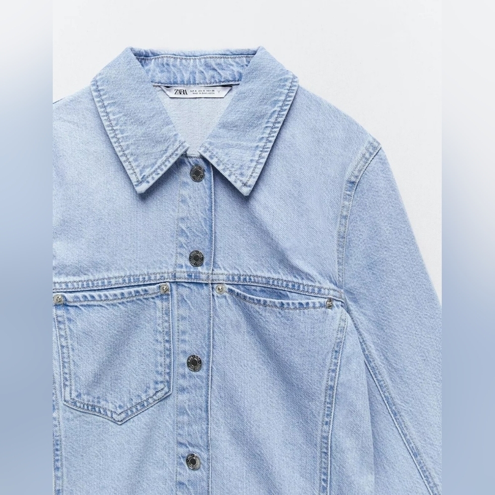Zara Cotton Fitted Long Sleeves Button Down Denim Shirt Dress Light Wash Size S - Picture 7 of 15